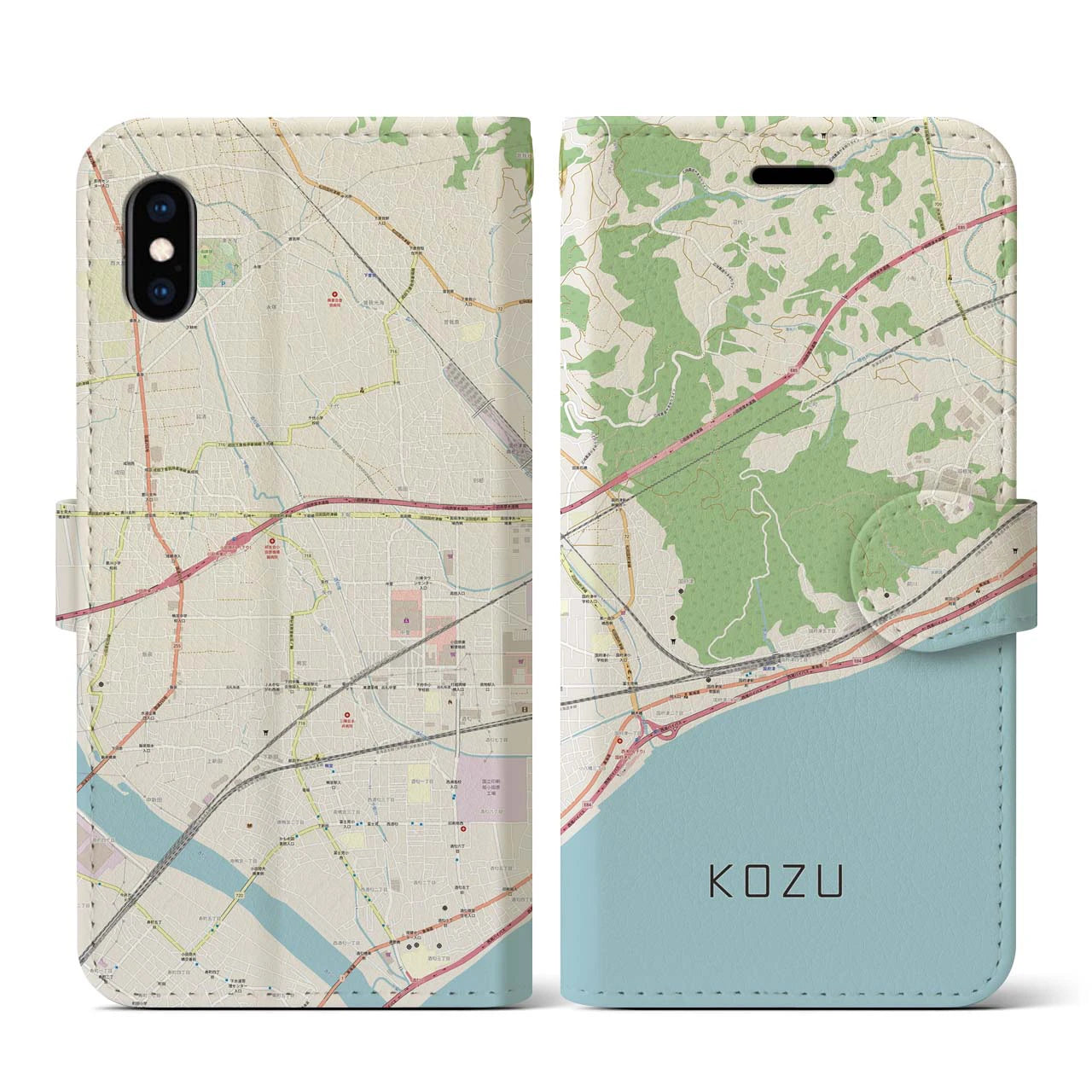 【国府津（神奈川県）】地図柄iPhoneケース（手帳タイプ）ナチュラル・iPhone XS / X 用