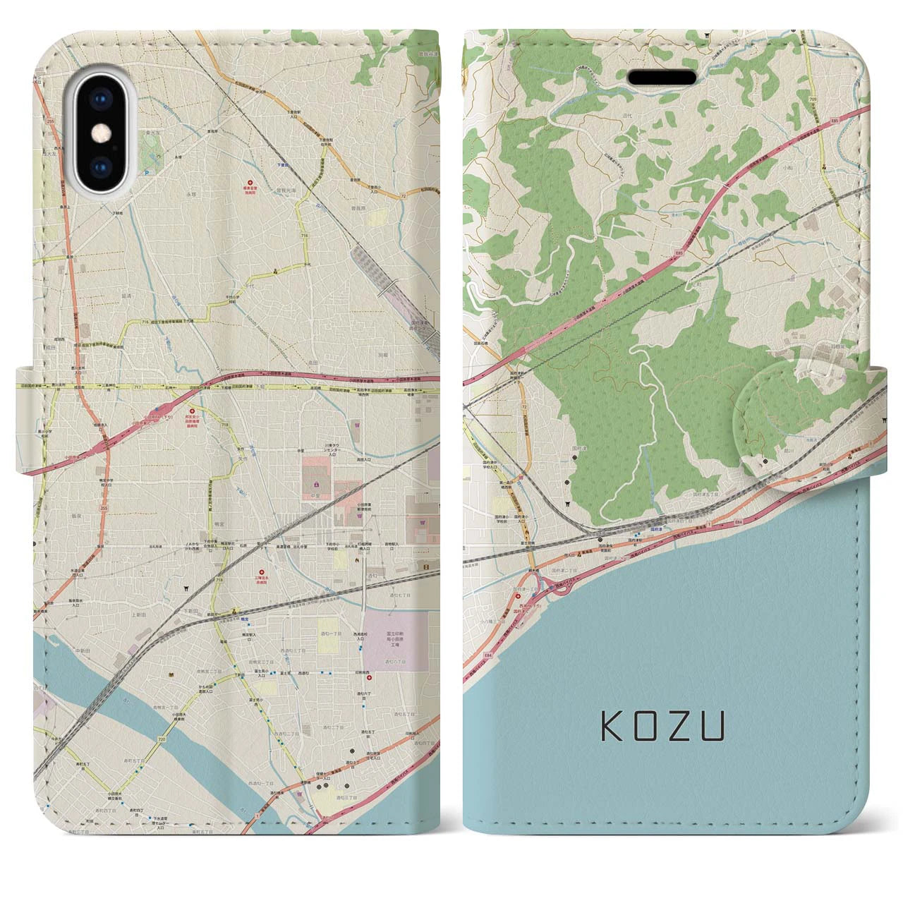 【国府津（神奈川県）】地図柄iPhoneケース（手帳タイプ）ナチュラル・iPhone XS Max 用