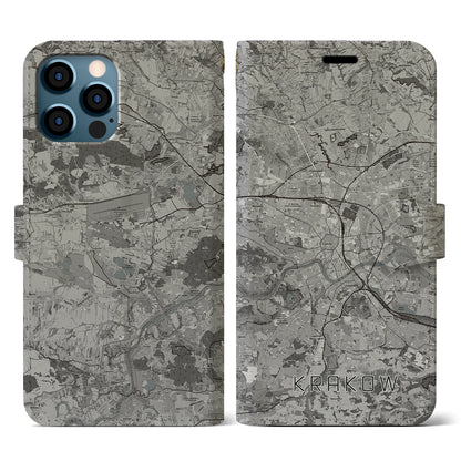 【クラクフ（ポーランド）】地図柄iPhoneケース（手帳タイプ）モノトーン・iPhone 12 / 12 Pro 用