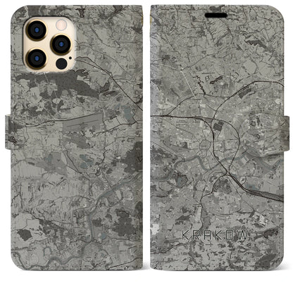 【クラクフ（ポーランド）】地図柄iPhoneケース（手帳タイプ）モノトーン・iPhone 12 Pro Max 用