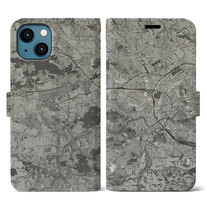 【クラクフ（ポーランド）】地図柄iPhoneケース（手帳タイプ）モノトーン・iPhone 13 用