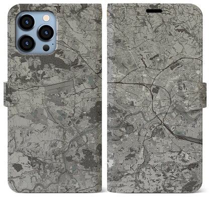 【クラクフ（ポーランド）】地図柄iPhoneケース（手帳タイプ）モノトーン・iPhone 13 Pro Max 用