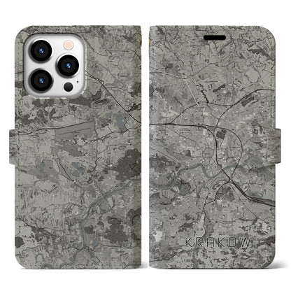 【クラクフ（ポーランド）】地図柄iPhoneケース（手帳タイプ）モノトーン・iPhone 13 Pro 用