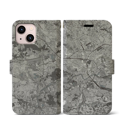 【クラクフ（ポーランド）】地図柄iPhoneケース（手帳タイプ）モノトーン・iPhone 13 mini 用
