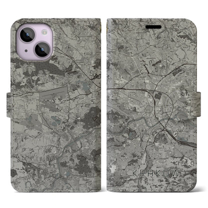 【クラクフ（ポーランド）】地図柄iPhoneケース（手帳タイプ）モノトーン・iPhone 14 用