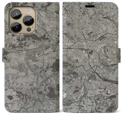 【クラクフ（ポーランド）】地図柄iPhoneケース（手帳タイプ）モノトーン・iPhone 14 Pro Max 用