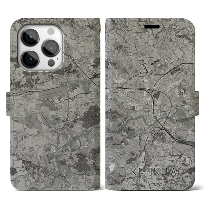 【クラクフ（ポーランド）】地図柄iPhoneケース（手帳タイプ）モノトーン・iPhone 14 Pro 用
