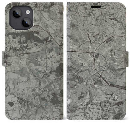 【クラクフ（ポーランド）】地図柄iPhoneケース（手帳タイプ）モノトーン・iPhone 14 Plus 用