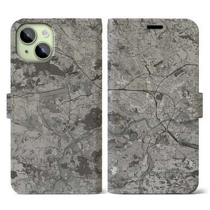 【クラクフ（ポーランド）】地図柄iPhoneケース（手帳タイプ）モノトーン・iPhone 15 用