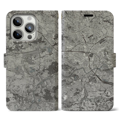 【クラクフ（ポーランド）】地図柄iPhoneケース（手帳タイプ）モノトーン・iPhone 15 Pro 用