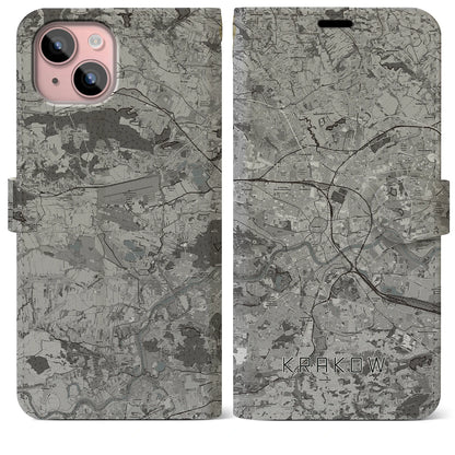 【クラクフ（ポーランド）】地図柄iPhoneケース（手帳タイプ）モノトーン・iPhone 15 Plus 用