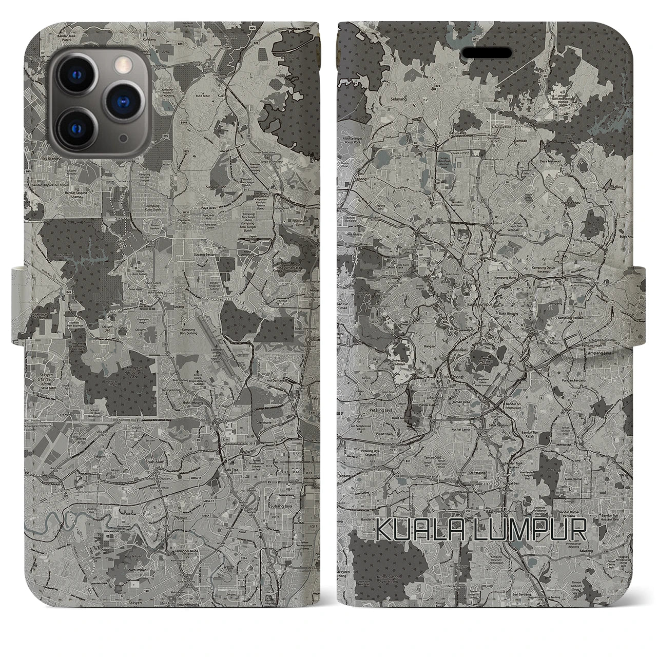 【クアラルンプール】地図柄iPhoneケース（手帳両面タイプ・モノトーン）iPhone 11 Pro Max 用