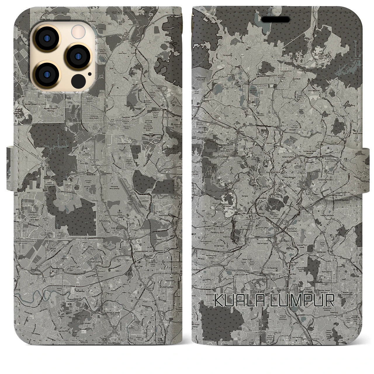 【クアラルンプール】地図柄iPhoneケース（手帳両面タイプ・モノトーン）iPhone 12 Pro Max 用