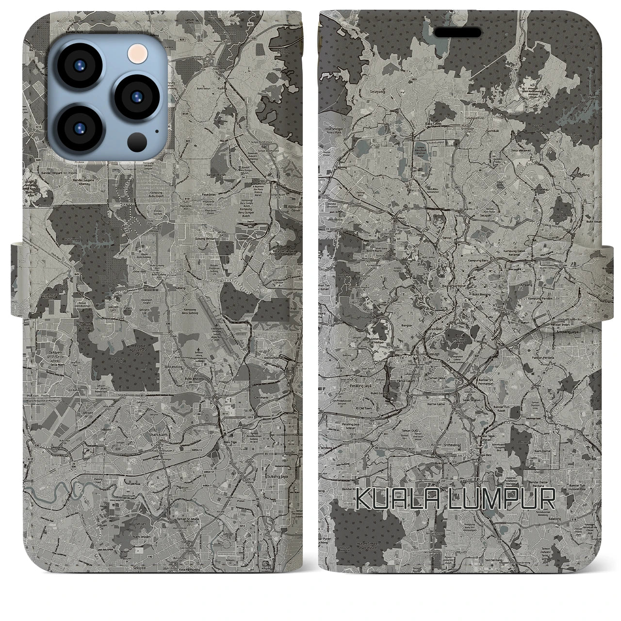 【クアラルンプール】地図柄iPhoneケース（手帳両面タイプ・モノトーン）iPhone 13 Pro Max 用