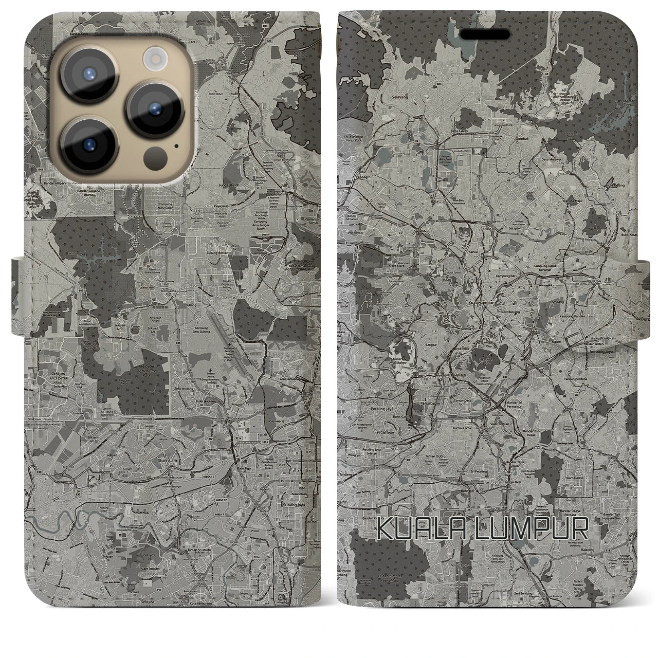 【クアラルンプール】地図柄iPhoneケース（手帳両面タイプ・モノトーン）iPhone 14 Pro Max 用
