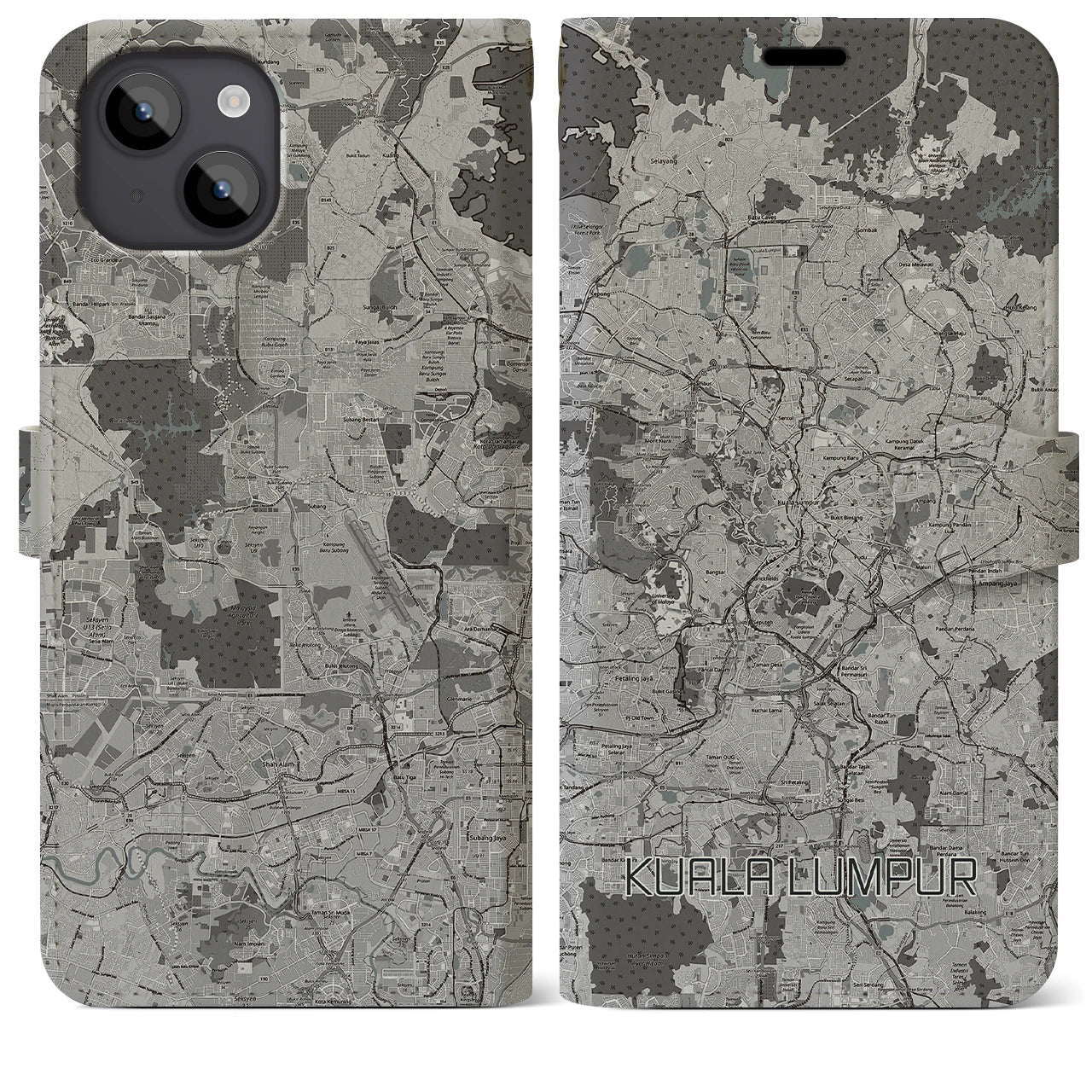 【クアラルンプール】地図柄iPhoneケース（手帳両面タイプ・モノトーン）iPhone 14 Plus 用
