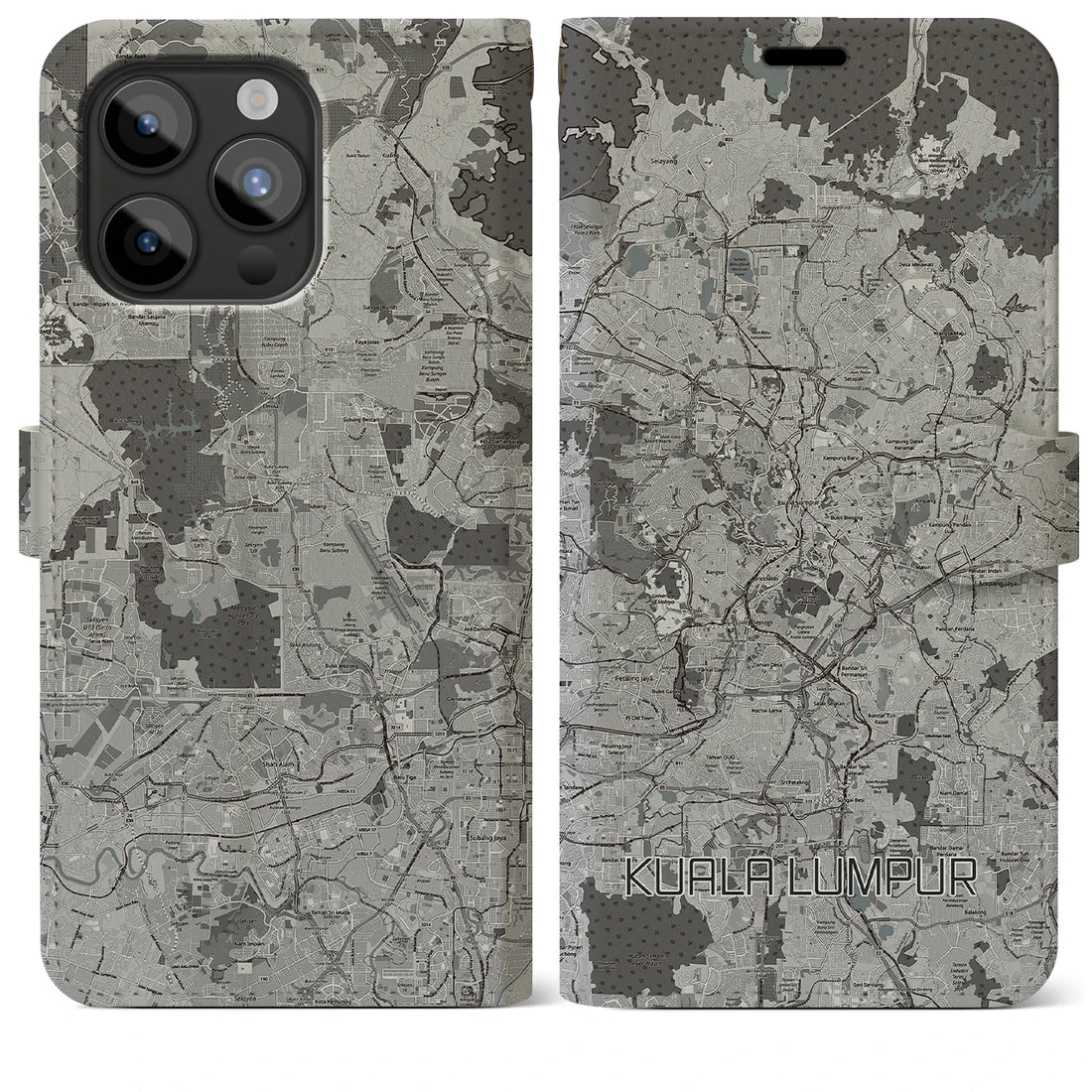 【クアラルンプール】地図柄iPhoneケース（手帳両面タイプ・モノトーン）iPhone 15 Pro Max 用