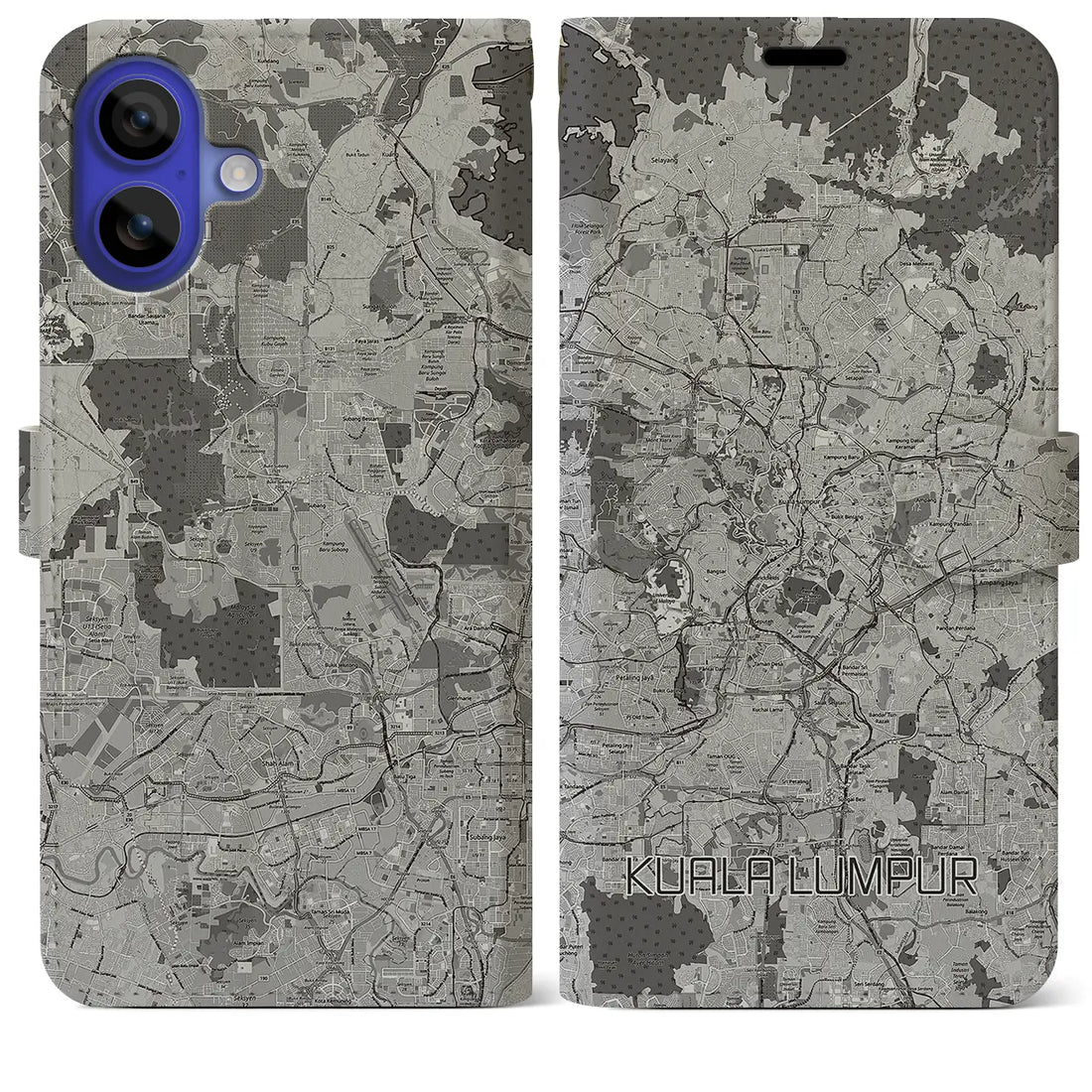 【クアラルンプール(マレーシア)】地図柄iPhoneケース(手帳タイプ)モノトーン・iPhone 16 Pro Max 用