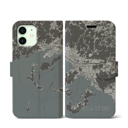 【下松（山口県）】地図柄iPhoneケース（手帳タイプ）モノトーン・iPhone 12 mini 用