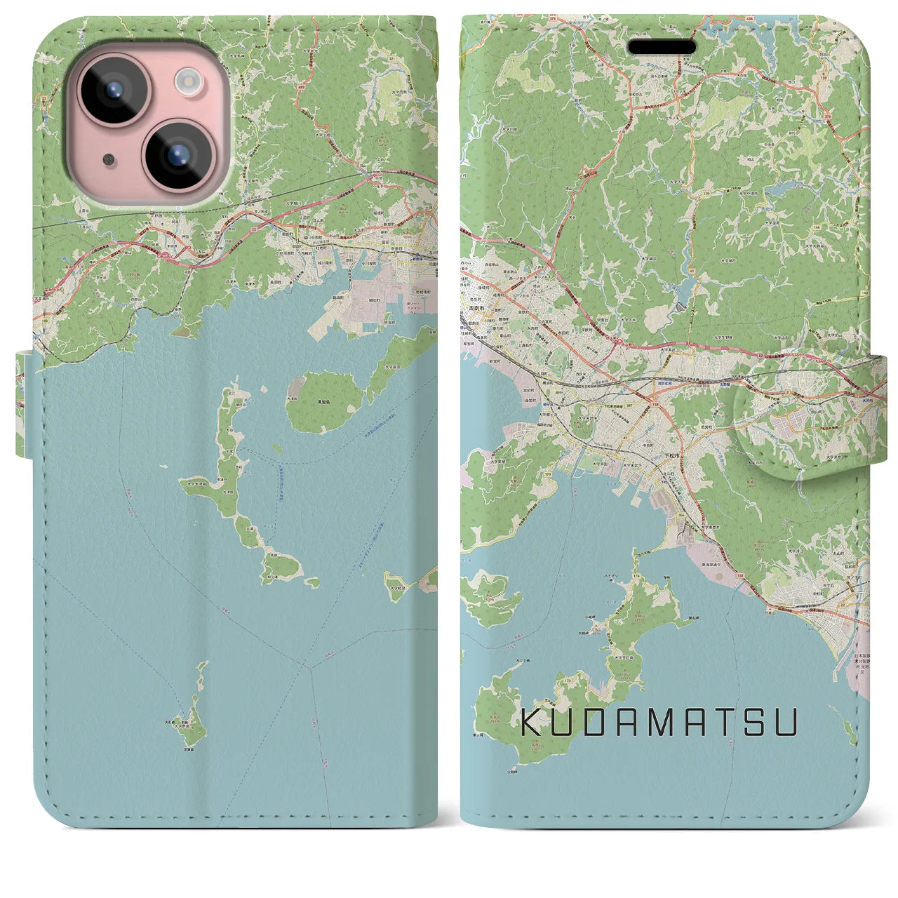 【下松（山口県）】地図柄iPhoneケース（手帳タイプ）ナチュラル・iPhone 15 Plus 用