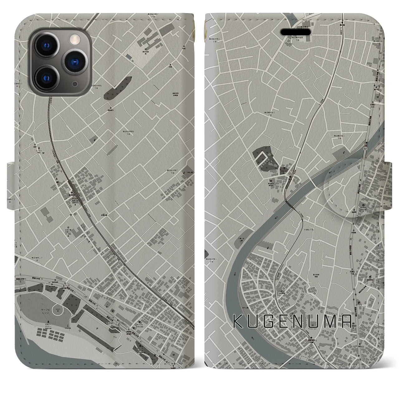 【鵠沼】地図柄iPhoneケース（手帳両面タイプ・モノトーン）iPhone 11 Pro Max 用