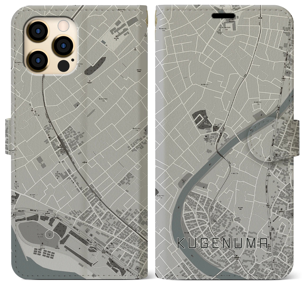 【鵠沼】地図柄iPhoneケース（手帳両面タイプ・モノトーン）iPhone 12 Pro Max 用