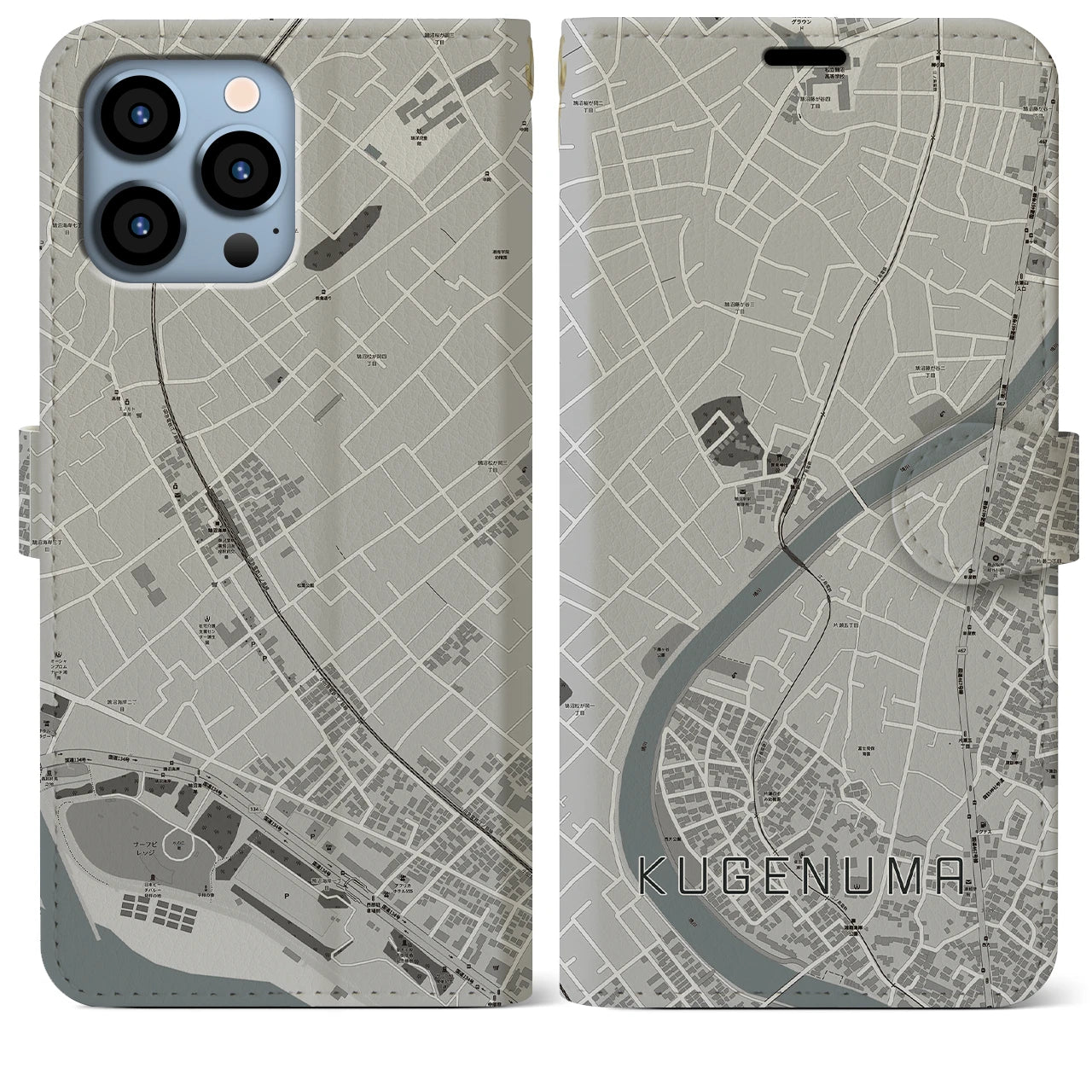 【鵠沼】地図柄iPhoneケース（手帳両面タイプ・モノトーン）iPhone 13 Pro Max 用