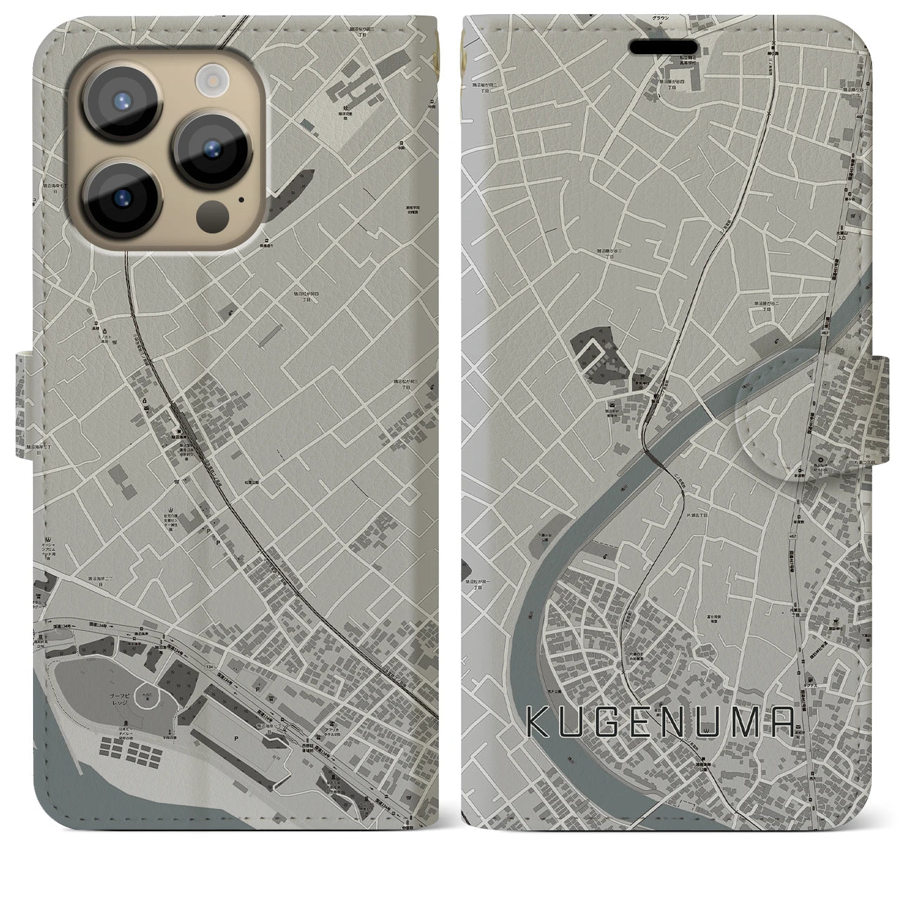 【鵠沼】地図柄iPhoneケース（手帳両面タイプ・モノトーン）iPhone 14 Pro Max 用