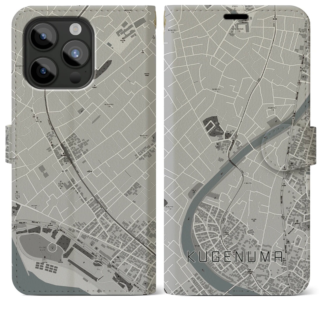 【鵠沼】地図柄iPhoneケース（手帳両面タイプ・モノトーン）iPhone 15 Pro Max 用
