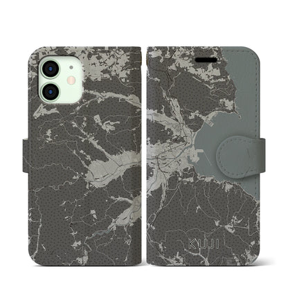 【久慈（岩手県）】地図柄iPhoneケース（手帳タイプ）モノトーン・iPhone 12 mini 用