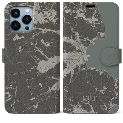 【久慈（岩手県）】地図柄iPhoneケース（手帳タイプ）モノトーン・iPhone 13 Pro Max 用