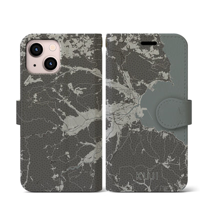 【久慈（岩手県）】地図柄iPhoneケース（手帳タイプ）モノトーン・iPhone 13 mini 用