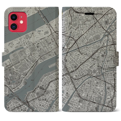 【九条（大阪府）】地図柄iPhoneケース（手帳タイプ）モノトーン・iPhone 11 用