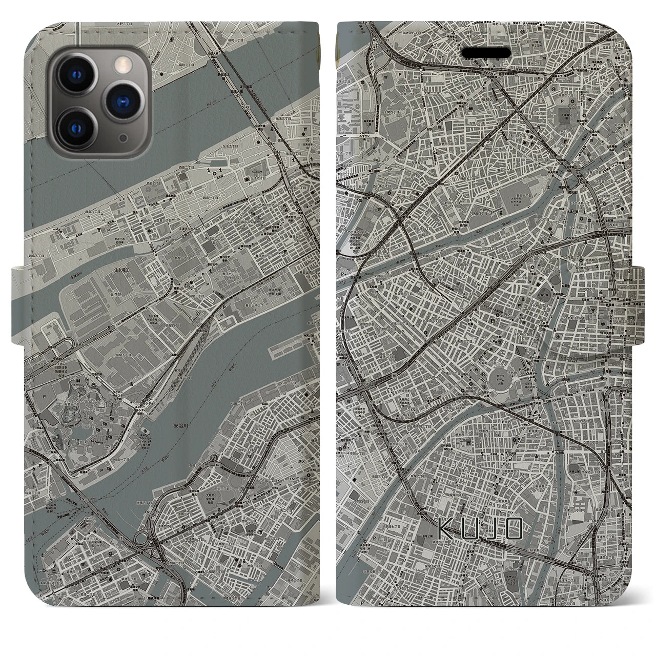 【九条（大阪府）】地図柄iPhoneケース（手帳両面タイプ・モノトーン）iPhone 11 Pro Max 用