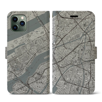 【九条（大阪府）】地図柄iPhoneケース（手帳タイプ）モノトーン・iPhone 11 Pro 用