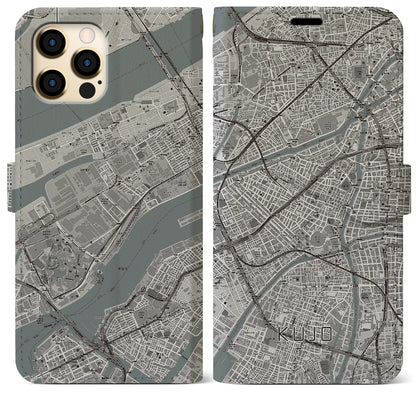 【九条（大阪府）】地図柄iPhoneケース（手帳タイプ）モノトーン・iPhone 12 Pro Max 用