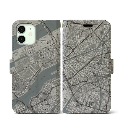 【九条（大阪府）】地図柄iPhoneケース（手帳タイプ）モノトーン・iPhone 12 mini 用