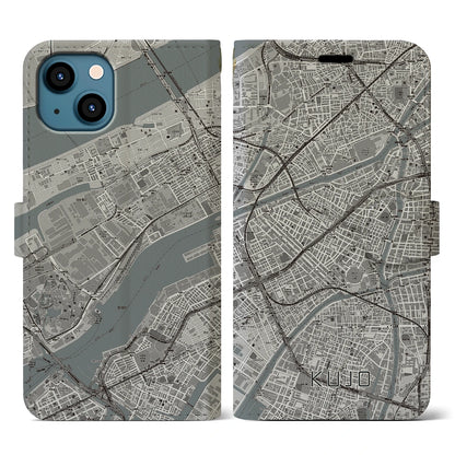 【九条（大阪府）】地図柄iPhoneケース（手帳タイプ）モノトーン・iPhone 13 用