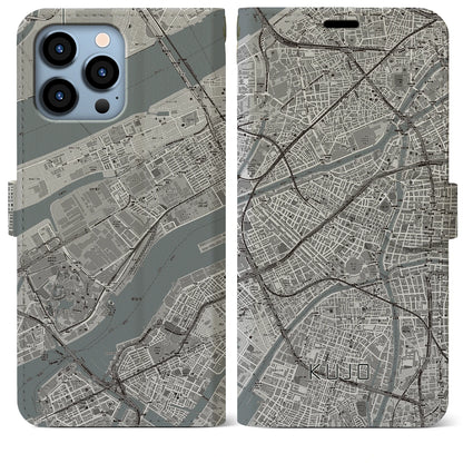 【九条（大阪府）】地図柄iPhoneケース（手帳タイプ）モノトーン・iPhone 13 Pro Max 用