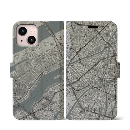 【九条（大阪府）】地図柄iPhoneケース（手帳タイプ）モノトーン・iPhone 13 mini 用