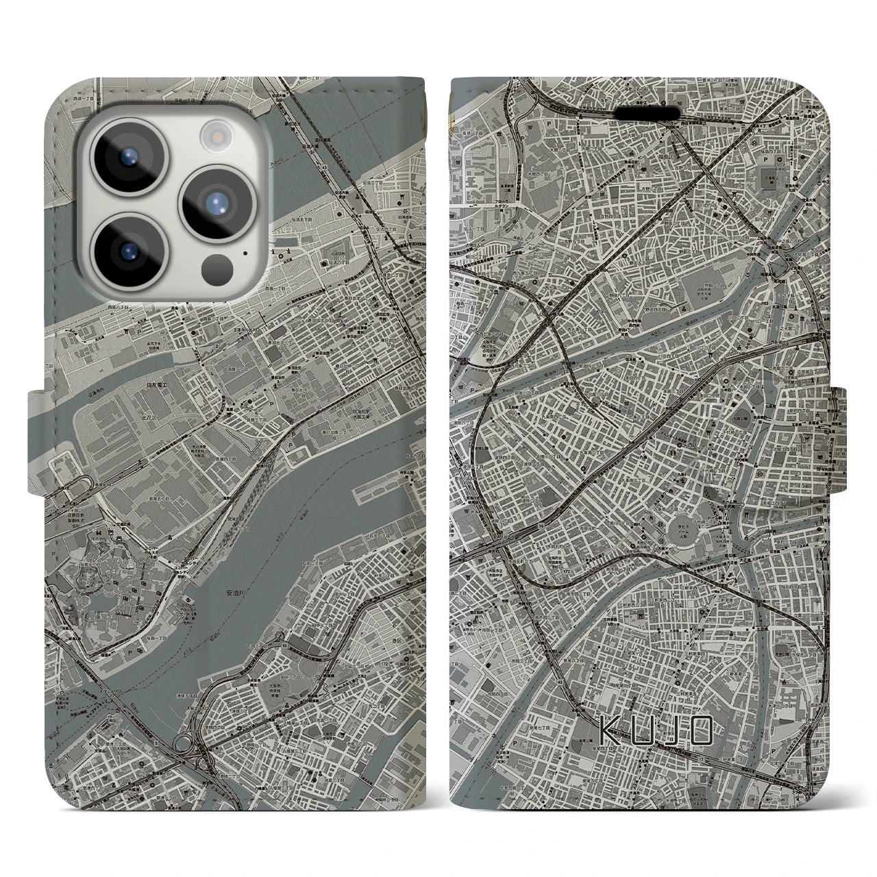 【九条（大阪府）】地図柄iPhoneケース（手帳両面タイプ・モノトーン）iPhone 15 Pro 用