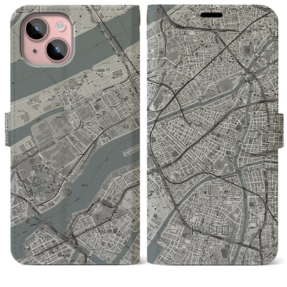 【九条（大阪府）】地図柄iPhoneケース（手帳タイプ）モノトーン・iPhone 15 Plus 用