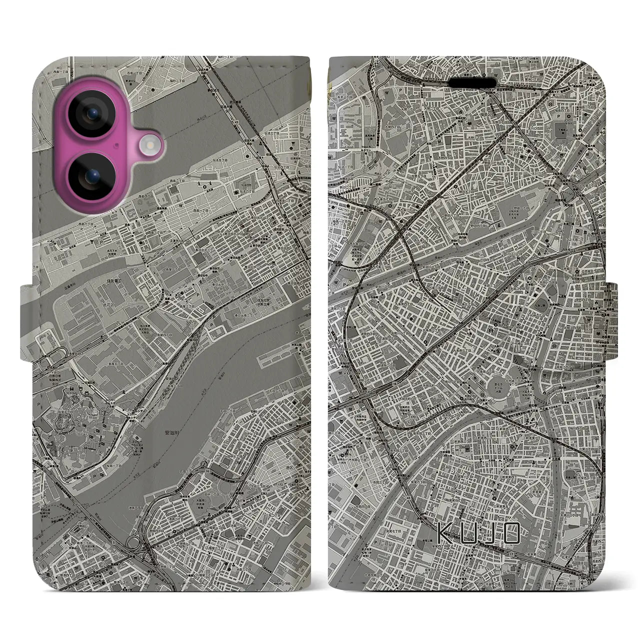 【九条（大阪府）】地図柄iPhoneケース（手帳タイプ）モノトーン・iPhone 16 Pro 用