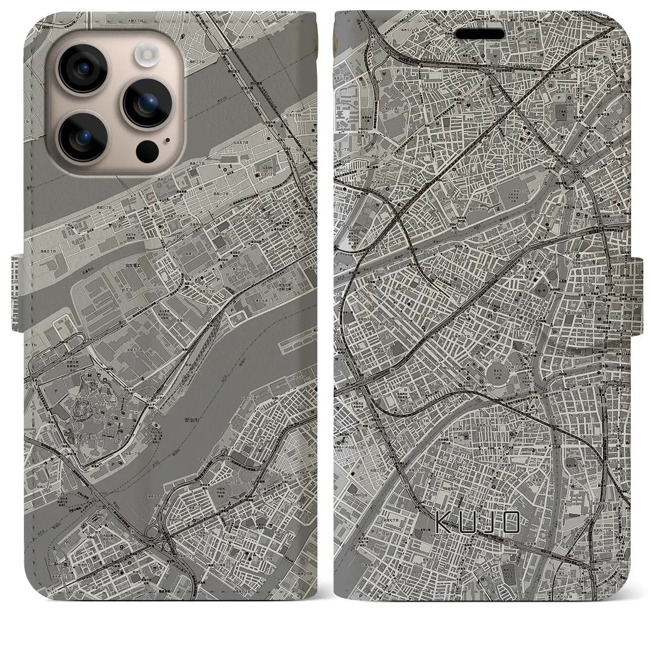 【九条（大阪府）】地図柄iPhoneケース（手帳タイプ）モノトーン・iPhone 16 Plus 用