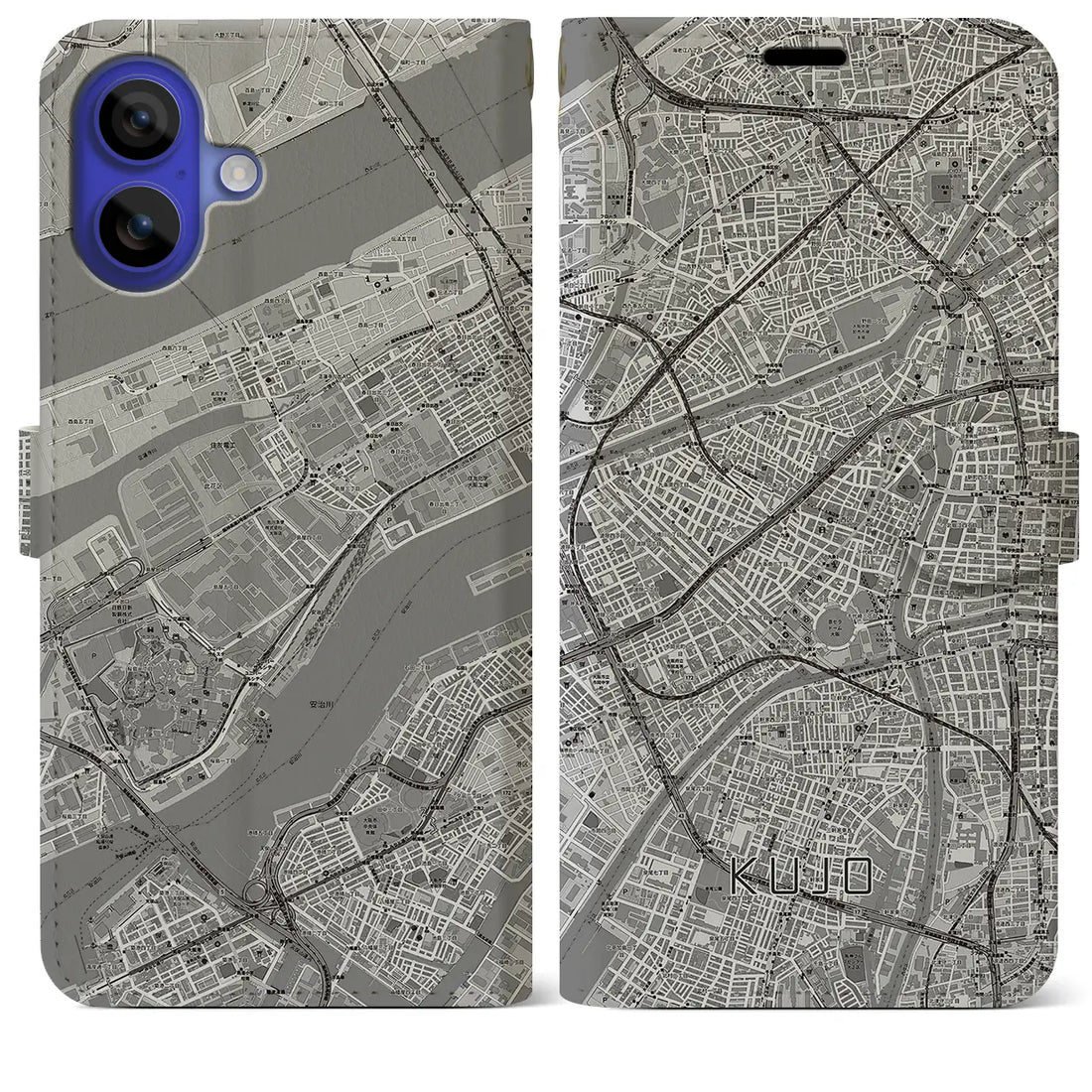 【九条(大阪府)】地図柄iPhoneケース(手帳タイプ)モノトーン・iPhone 16 Pro Max 用