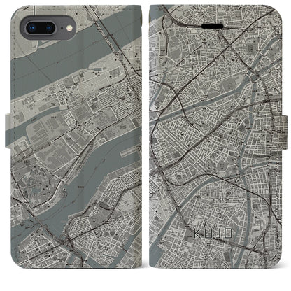 【九条（大阪府）】地図柄iPhoneケース（手帳タイプ）モノトーン・iPhone 8Plus /7Plus / 6sPlus / 6Plus 用