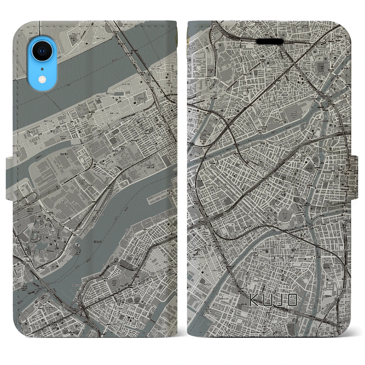【九条（大阪府）】地図柄iPhoneケース（手帳両面タイプ・モノトーン）iPhone XR 用