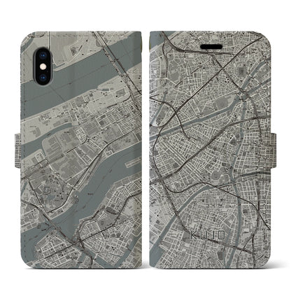 【九条（大阪府）】地図柄iPhoneケース（手帳タイプ）モノトーン・iPhone XS / X 用