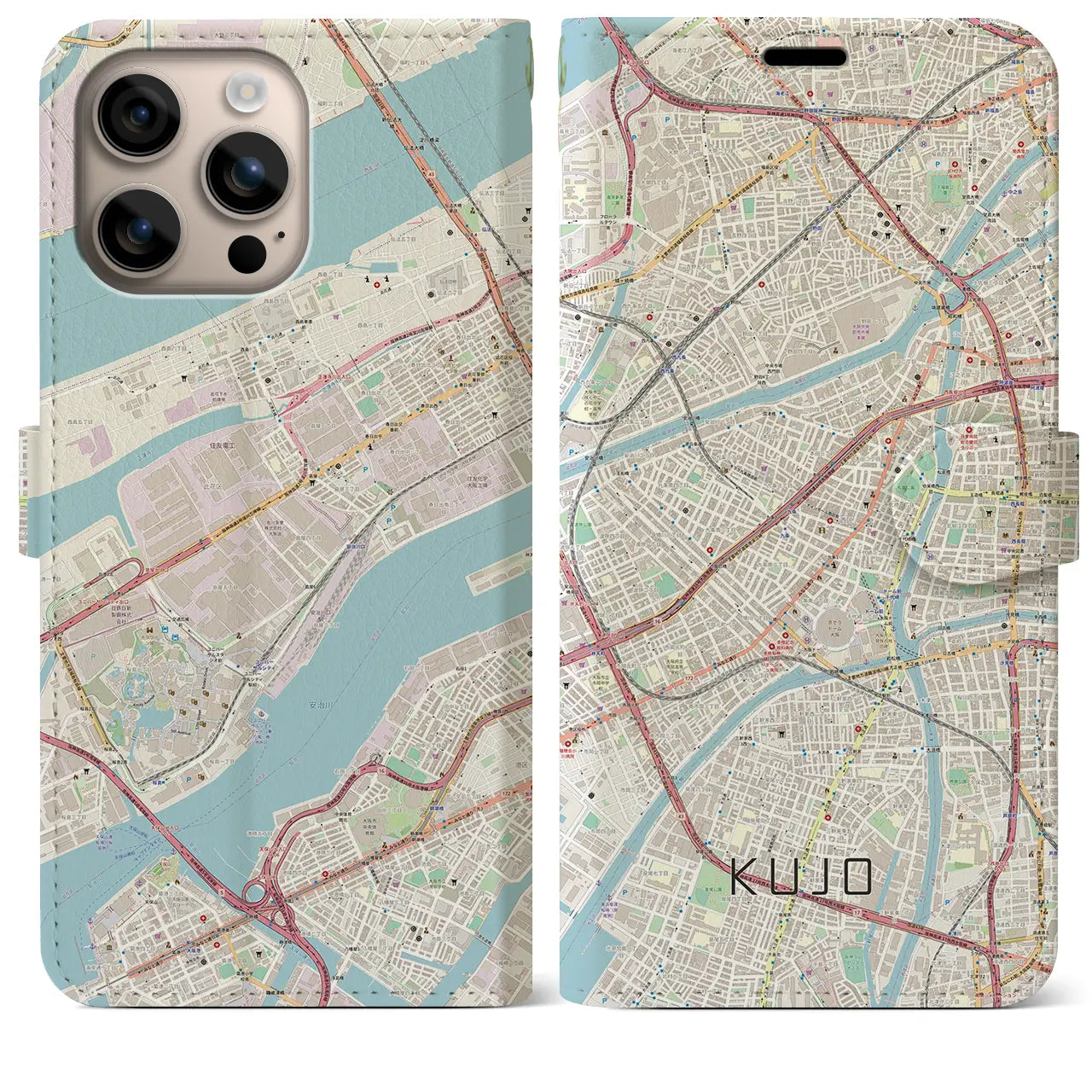 【九条（大阪府）】地図柄iPhoneケース（手帳タイプ）ナチュラル・iPhone 16 Plus 用