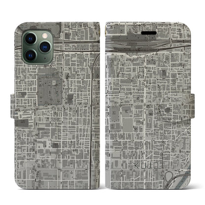 【九条（京都府）】地図柄iPhoneケース（手帳タイプ）モノトーン・iPhone 11 Pro 用
